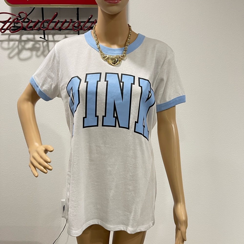 New! Victoria’s Secret pink, white and blue logo tee, size: medium